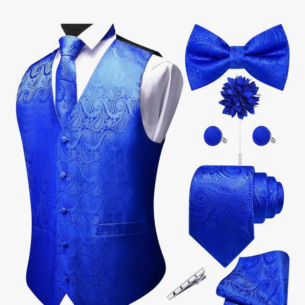 Men's Blue Paisley Vest and Accessories Set